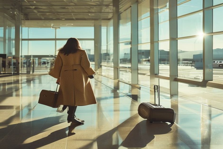 airport layers outfit ideas for women in cool weather styled in a clean realistic fashion setting