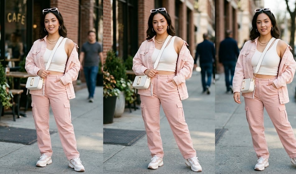 blush and white outfit ideas for women styled in a clean realistic fashion setting