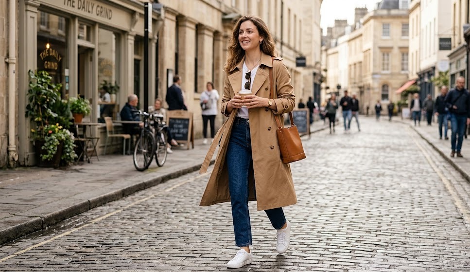camel trench outfit ideas for women styled in a clean realistic fashion setting