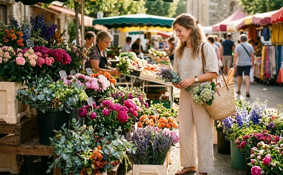 chic farmers market outfit ideas for women styled in a clean realistic fashion setting