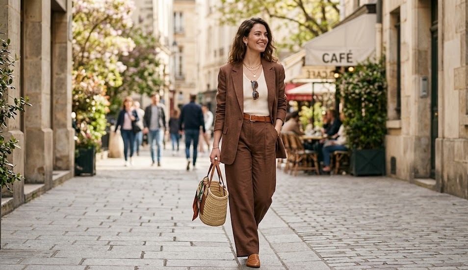 cocoa brown spring outfit ideas for women styled in a clean realistic fashion setting