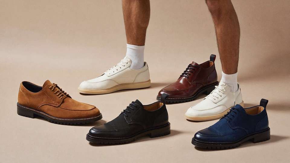 stylish men's fashion shoes including sneakers loafers boots and dress shoes arranged in a modern editorial layout
