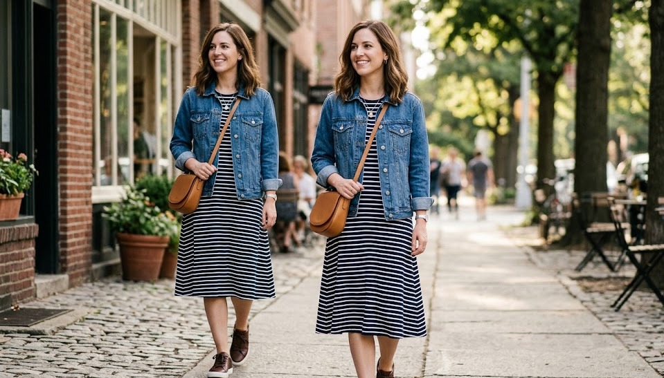 denim jacket dress outfit ideas for women styled in a clean realistic fashion setting