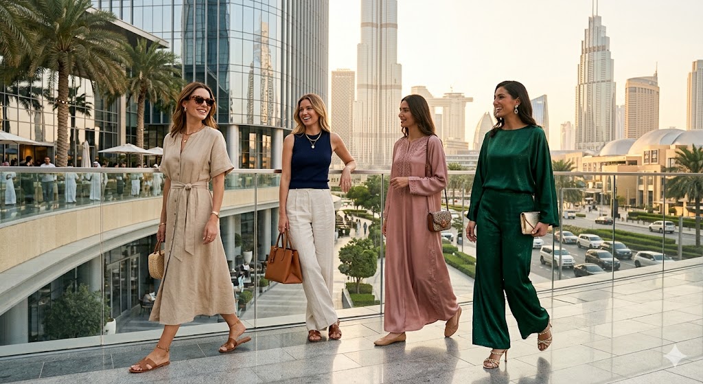 stylish women wearing elegant Dubai outfit ideas with breathable modest and polished travel looks