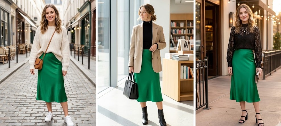 green satin skirt outfit ideas for women styled in a clean realistic fashion setting