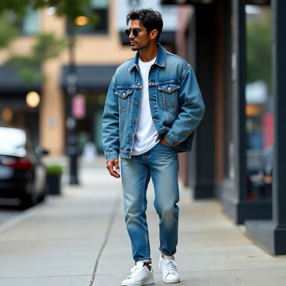 Stylish man wearing a classic 90s-inspired outfit with relaxed jeans, layered top, and sneakers on an urban street