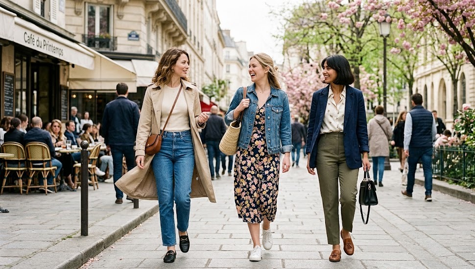 women wearing chic April outfits with light spring layers outdoors