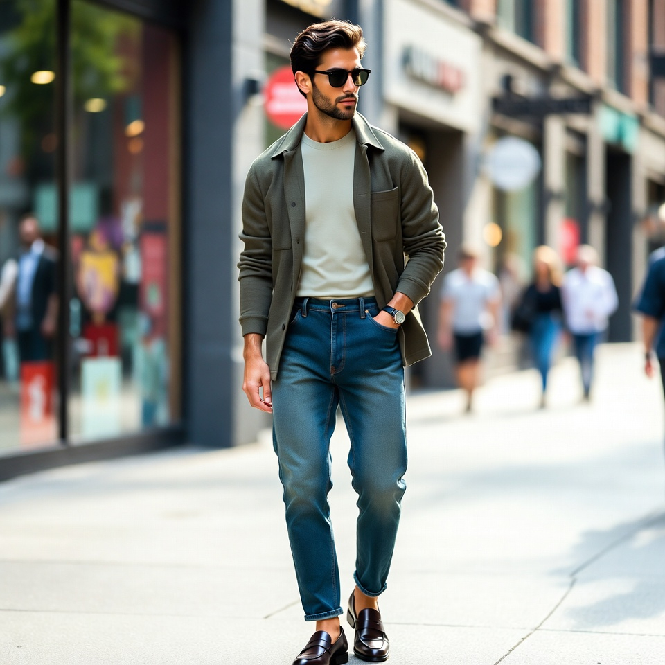 Stylish man wearing a clean smart casual outfit with relaxed jeans, layered jacket, and polished shoes in a modern city setting