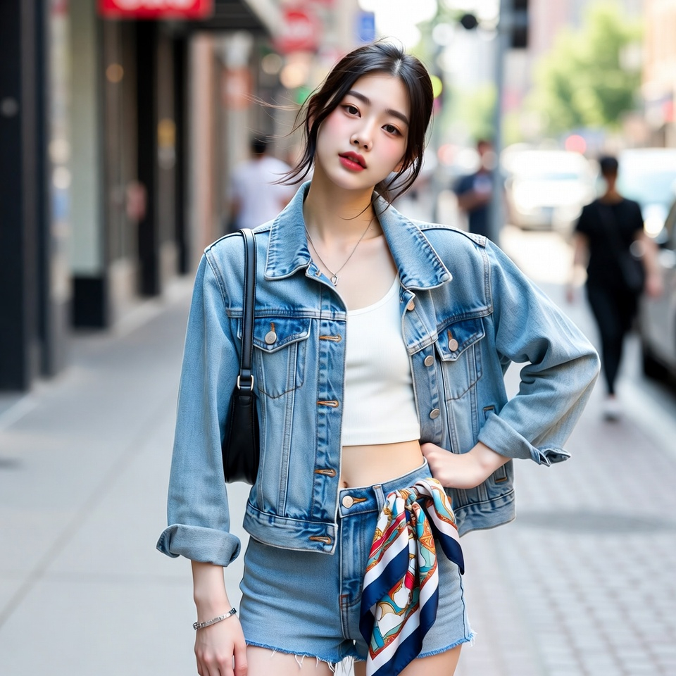 Stylish young woman wearing a modern Gen Z-inspired outfit with relaxed denim and trend-forward accessories on a city street