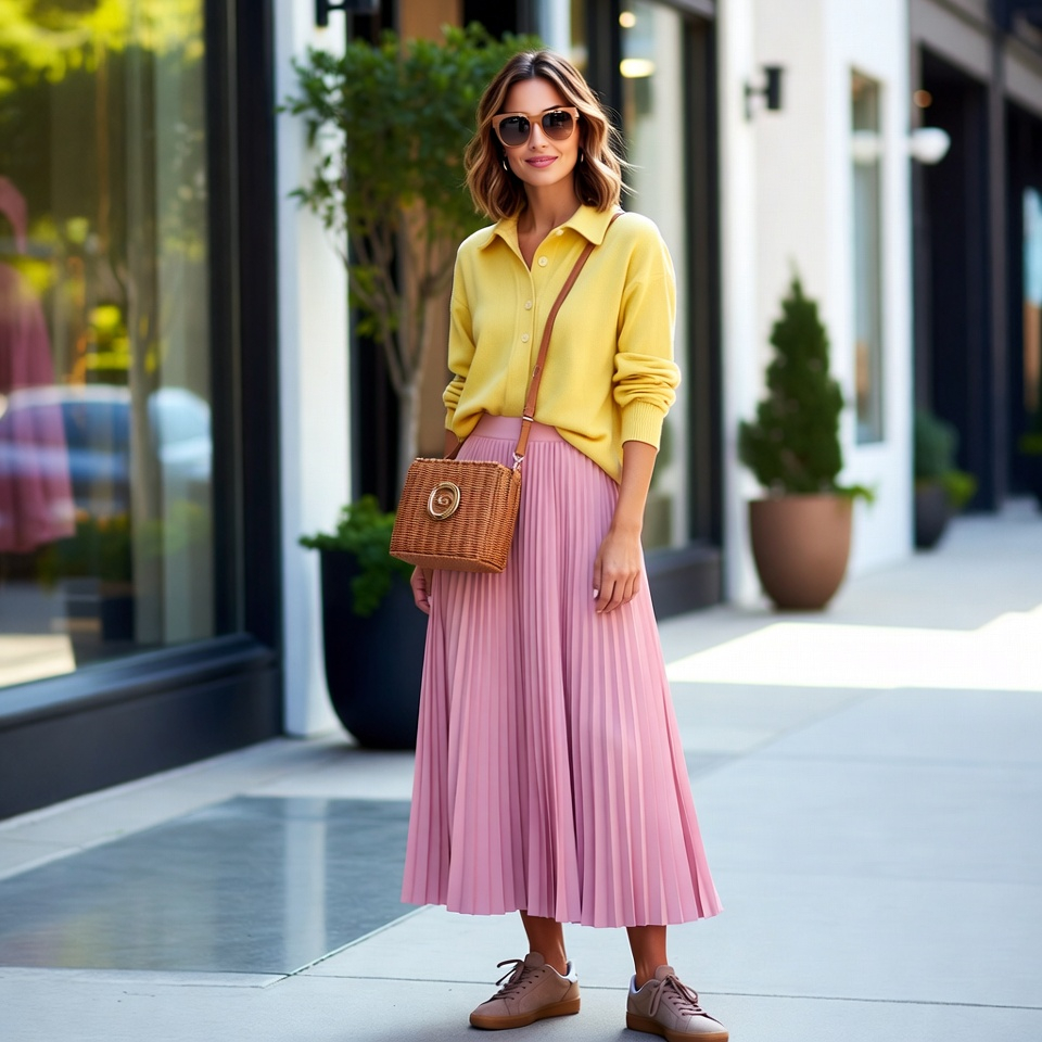 Stylish woman wearing a modern spring outfit featuring soft colors and polished accessories on a bright city street