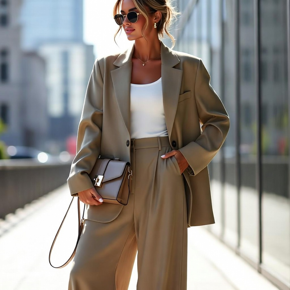 Stylish woman wearing a chic oversized suit with modern accessories in a city setting - image category: women’s fashion editorial