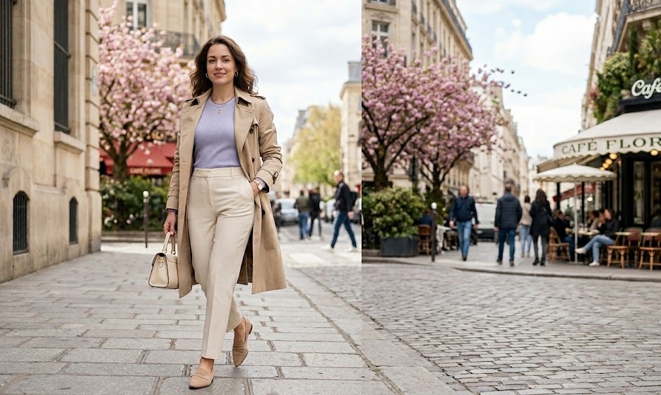 woman wearing an elegant icy lavender early spring outfit with polished city styling
