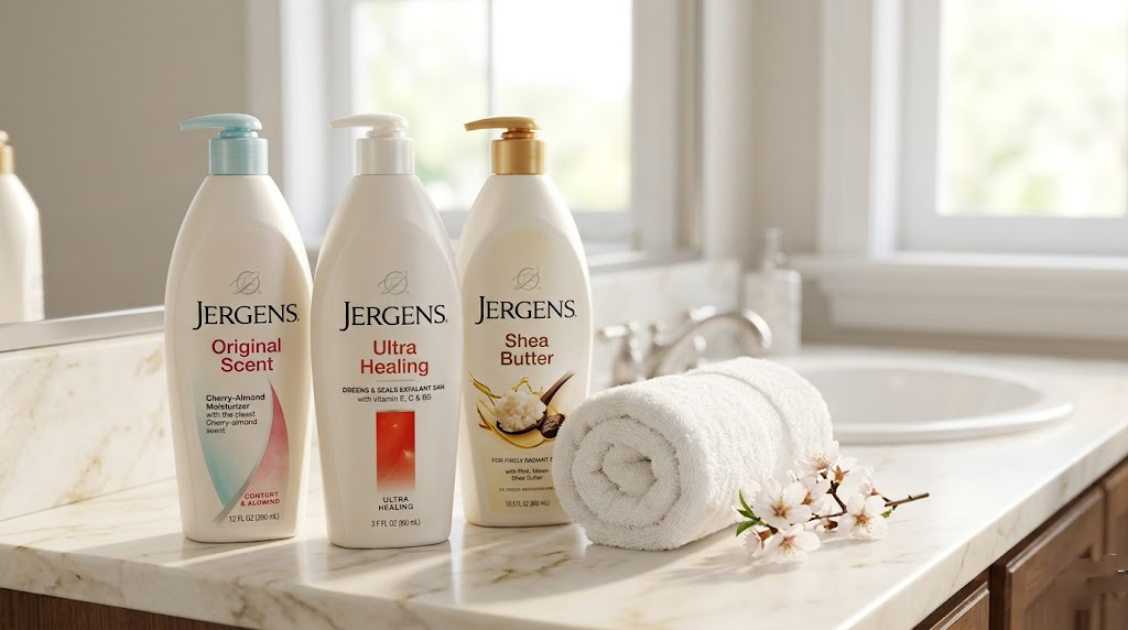 jergens lotion bottles on bathroom vanity