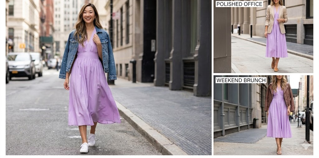 lilac midi dress outfit ideas for women styled in a clean realistic fashion setting
