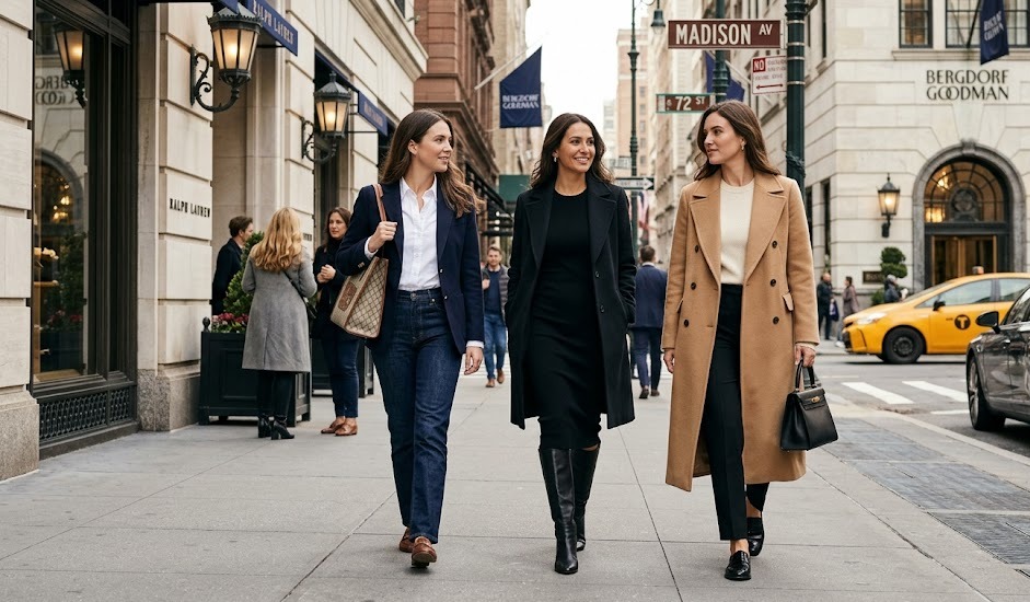 stylish women wearing the best luxury outfit in New York with polished coats tailoring and elegant city accessories