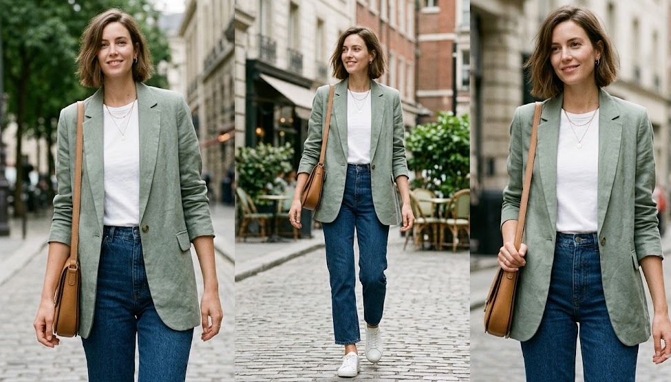 misty sage outfit ideas for women for city days styled in a clean realistic fashion setting