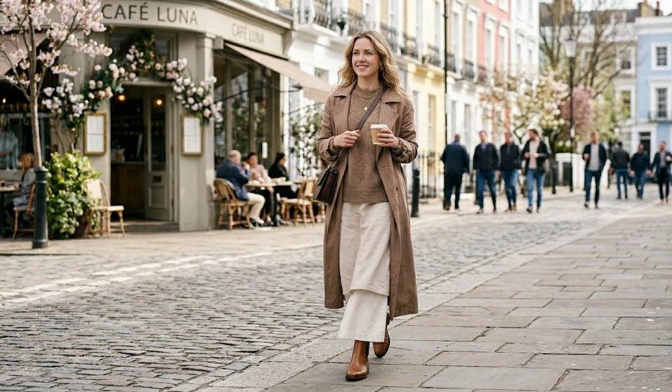 mocha mousse outfit ideas for women in early april styled in a clean realistic fashion setting