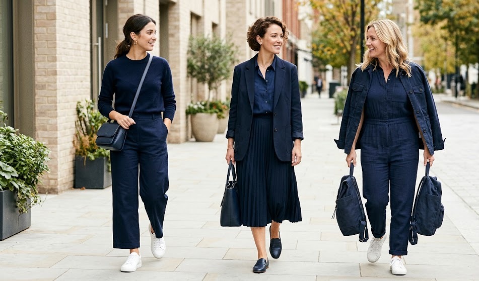 monochrome navy outfit ideas for women styled in a clean realistic fashion setting