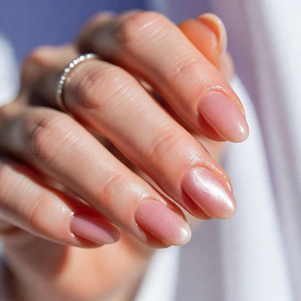 Elegant romantic manicure with soft pink nails, subtle pearl shine, and feminine styling