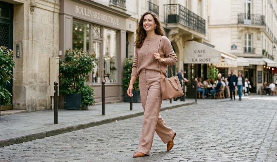 rose beige outfit ideas for women styled in a clean realistic fashion setting