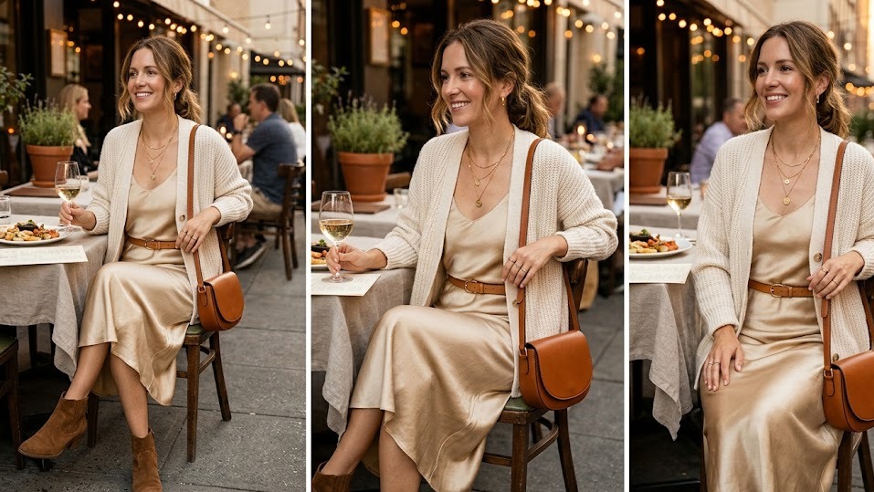 soft gold outfit ideas for women for dinner styled in a clean realistic fashion setting