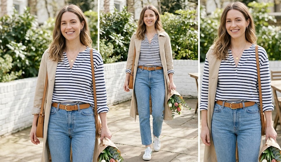 stripe shirt outfit ideas for women in spring styled in a clean realistic fashion setting