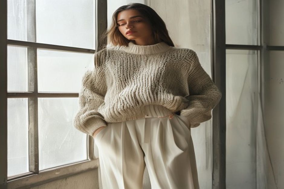 taupe knit outfit ideas for women styled in a clean realistic fashion setting