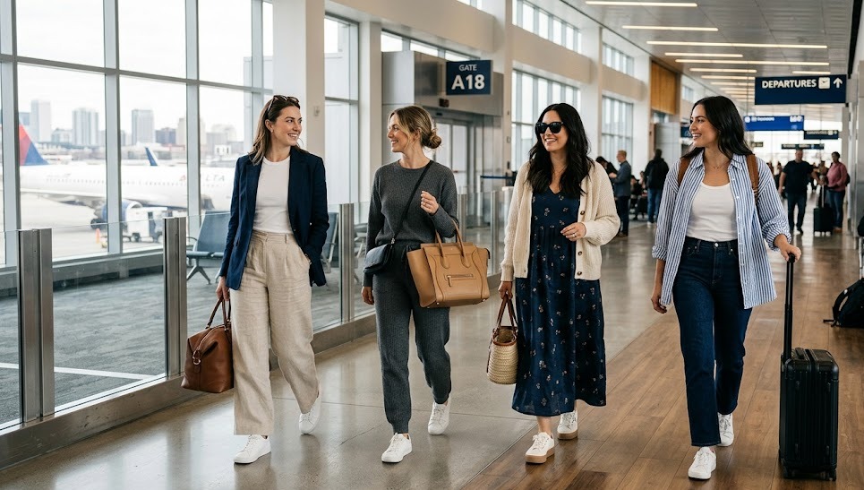 stylish women wearing comfortable best travel outfit ideas for airports flights and travel days