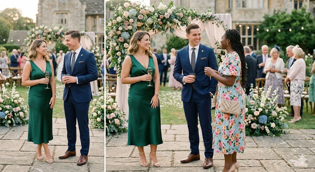 elegant wedding guest outfit ideas for women and men at a stylish ceremony