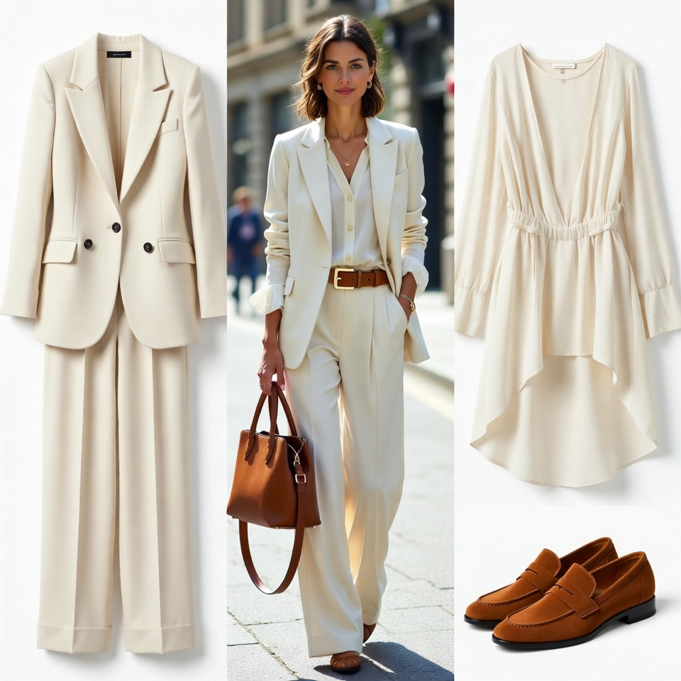 Woman wearing an all-ecru spring outfit with brown accessories in a chic minimalist look
