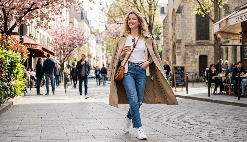 spring April outfit with smart layering for changing weather