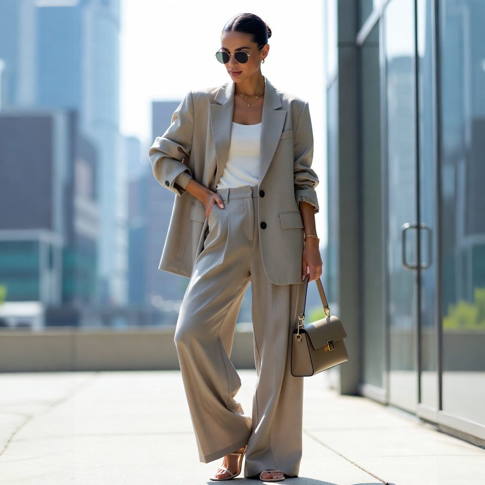Woman wearing a beige baggy suit with white tank and minimal sandals - image category: soft tailored street style