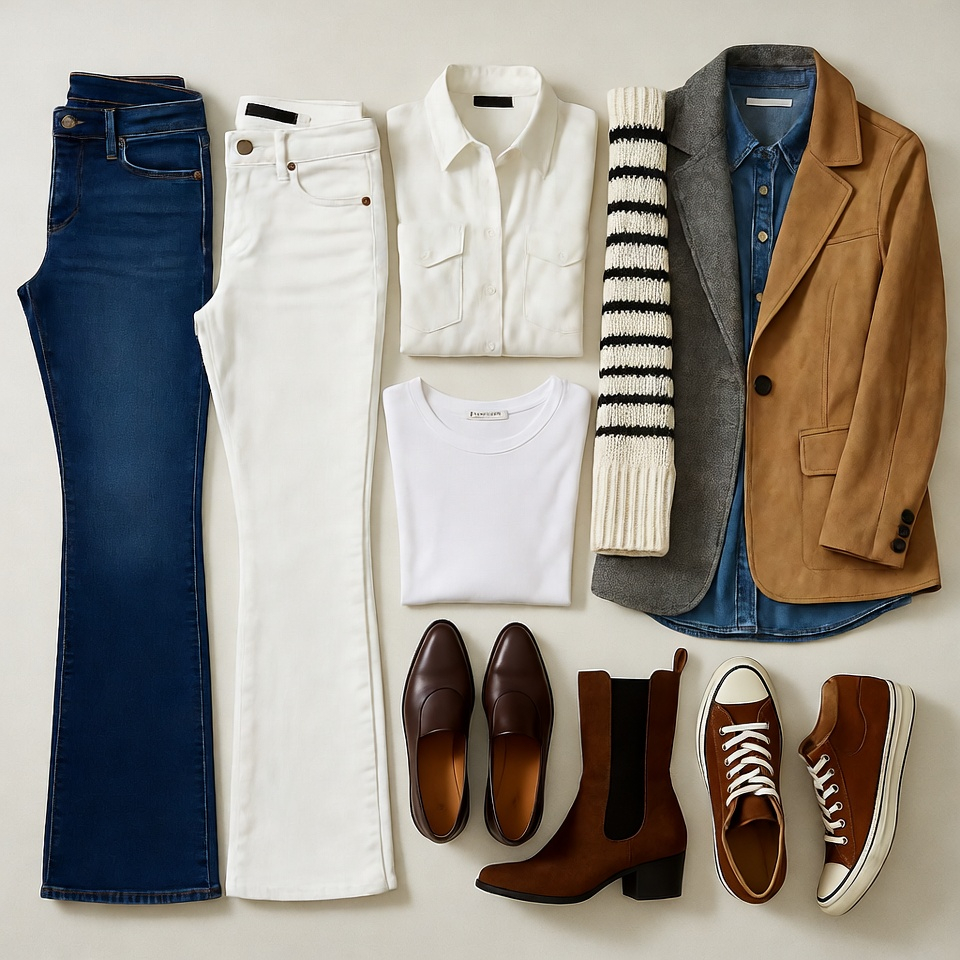 Woman wearing a gray blazer with white shirt, jeans, and sneakers in a polished American-style outfit