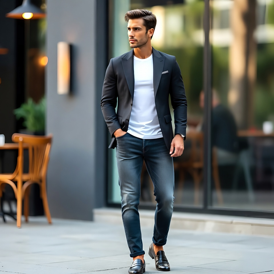 Man wearing a blazer with plain T-shirt, jeans, and smart casual shoes  image category: smart casual menswear