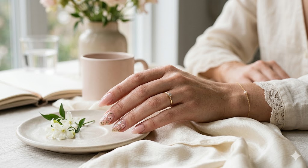 Blush pink manicure with delicate floral accent nail art