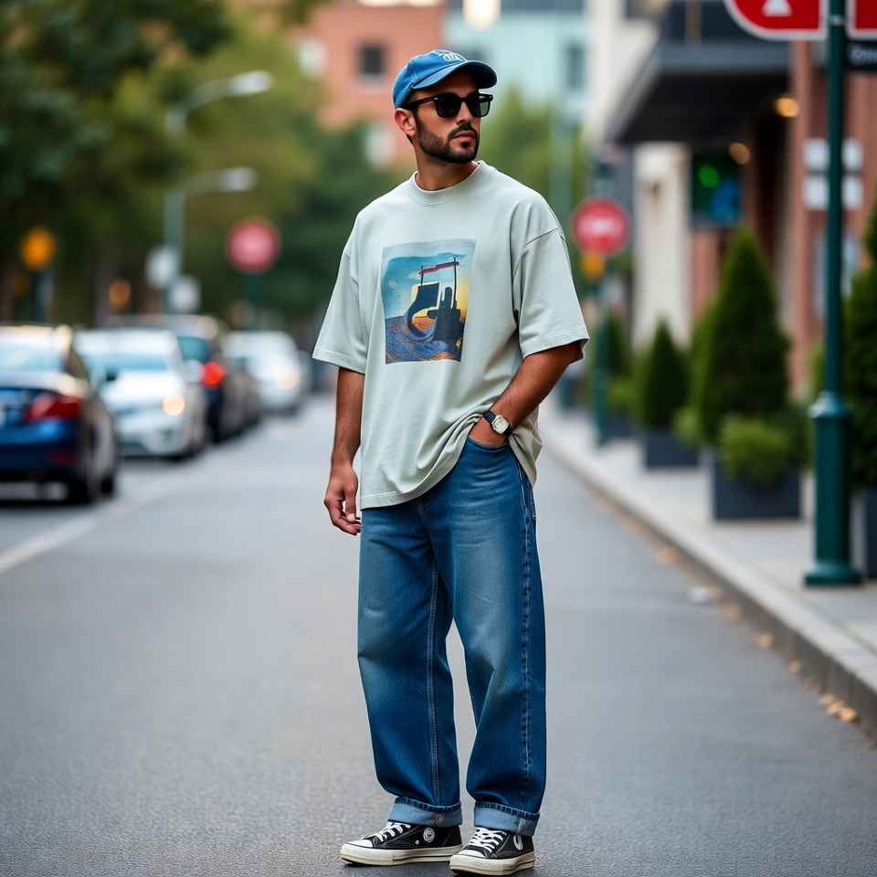 Man wearing a casual 90s outfit with oversized T-shirt, loose jeans, and sneakers