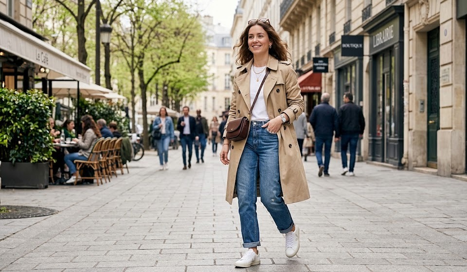 April outfit with jeans trench coat and sneakers