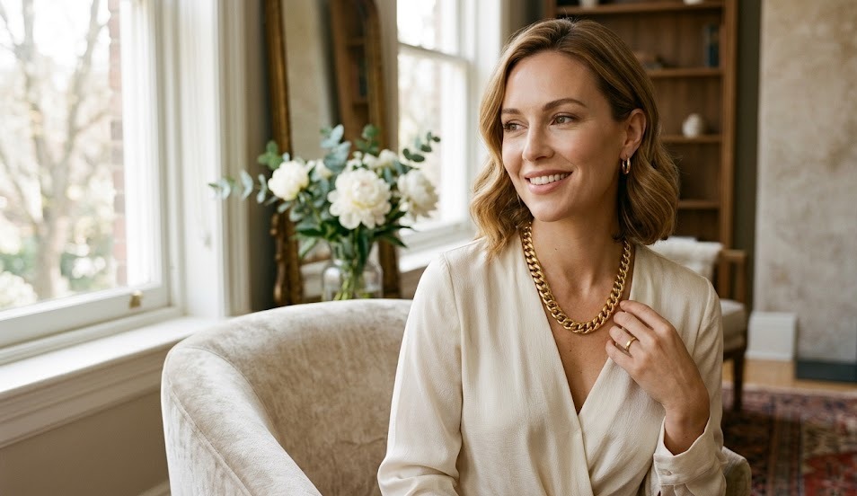 woman wearing a warm-toned luxury gold chain necklace with an elegant outfit