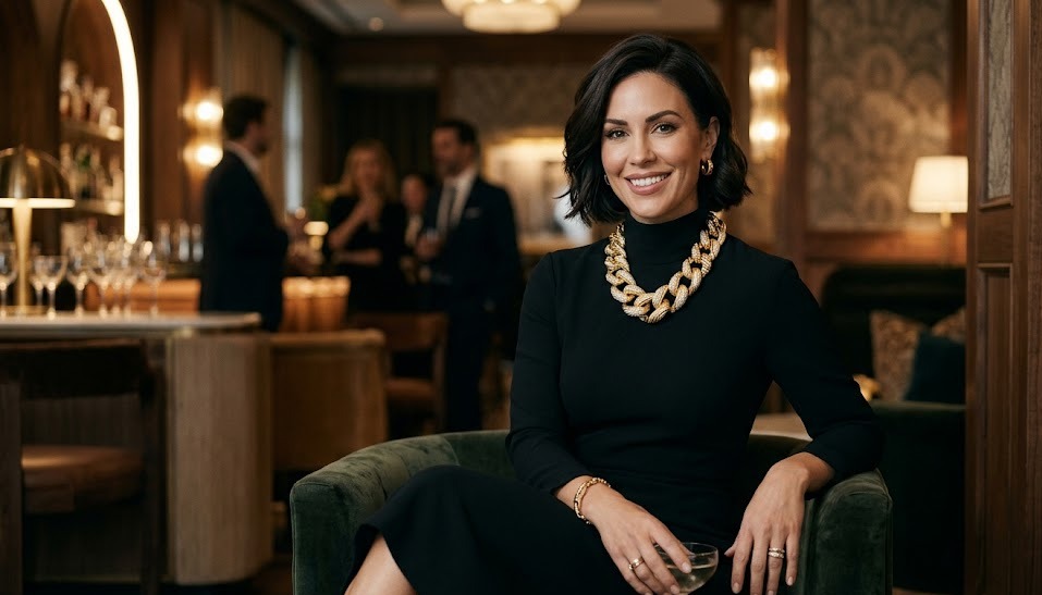 woman wearing a bold statement chain necklace with a simple elegant outfit