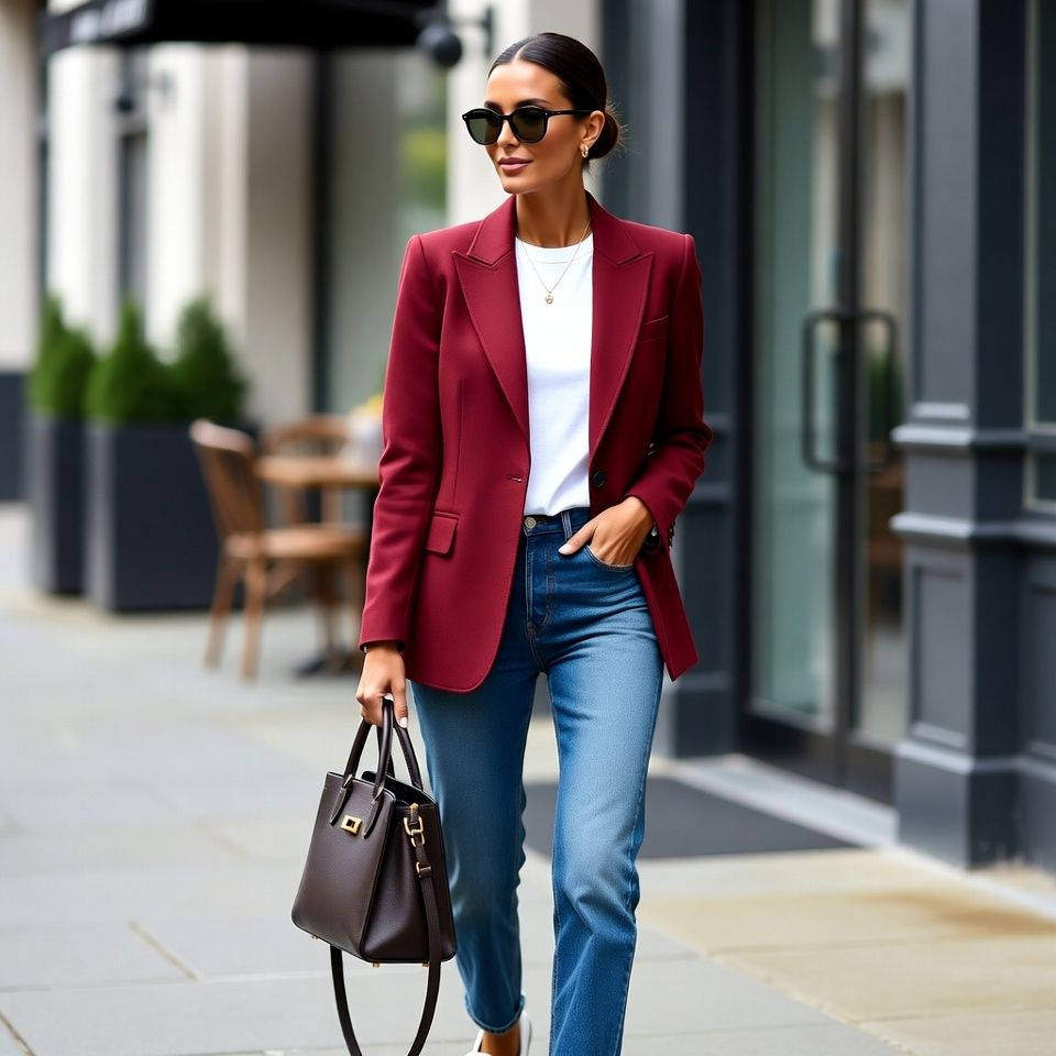 Woman in a cherry red dress styled with black accessories  image category: evening fashion