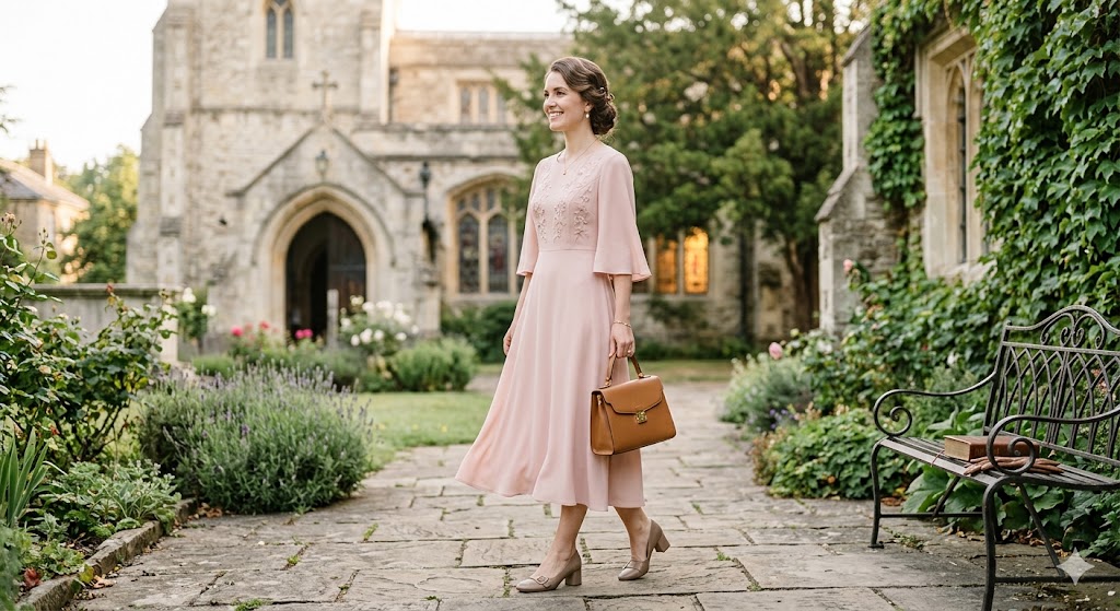 elegant woman wearing a modest midi church dress with refined accessories