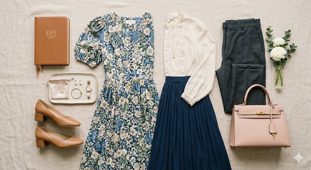 polished church outfit essentials arranged to show elegant Sunday fashion basics