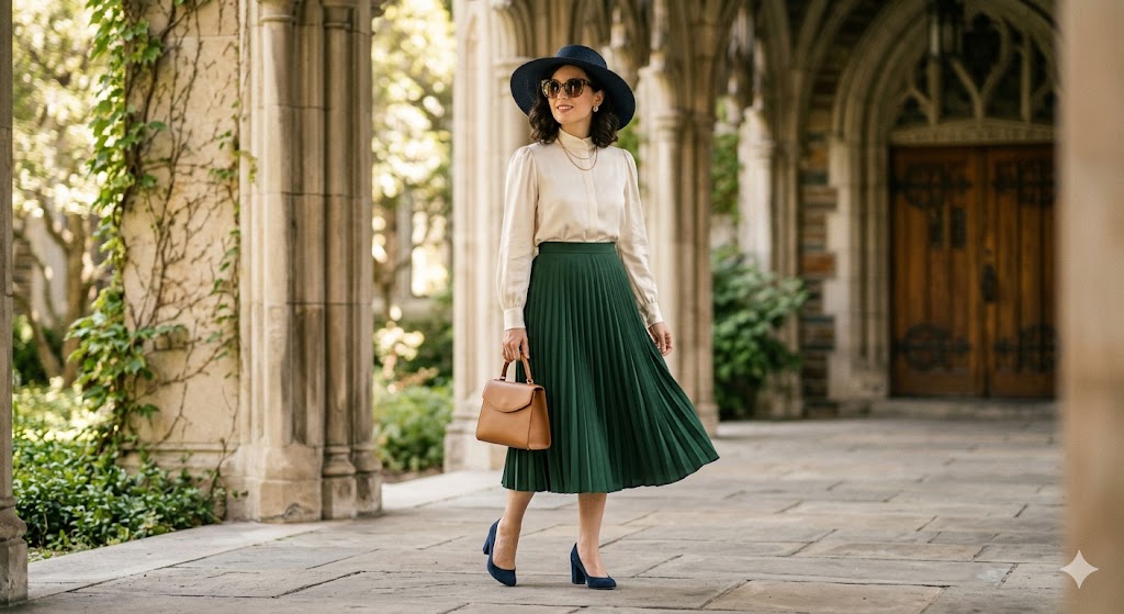 woman wearing a classy Sunday church outfit with midi skirt blouse and polished heels