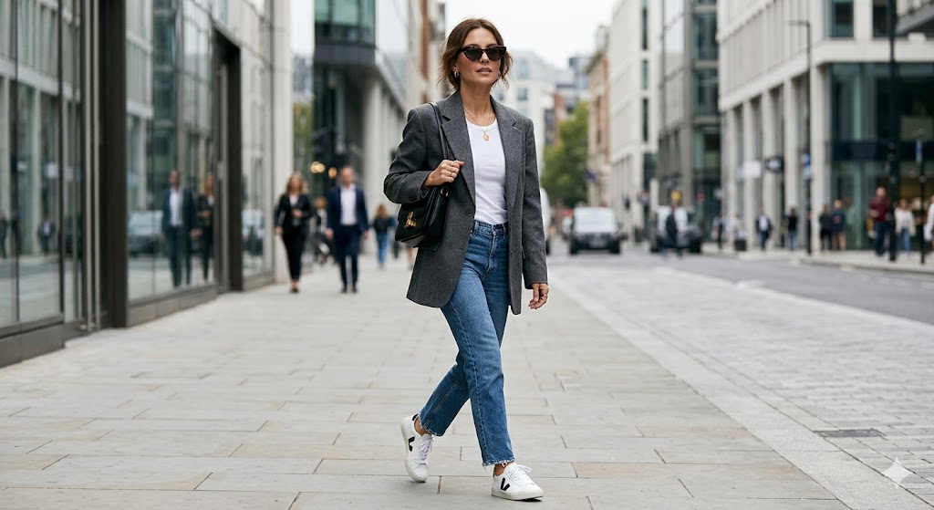 woman wearing a clean celebrity-inspired off-duty outfit with jeans blazer and fitted top