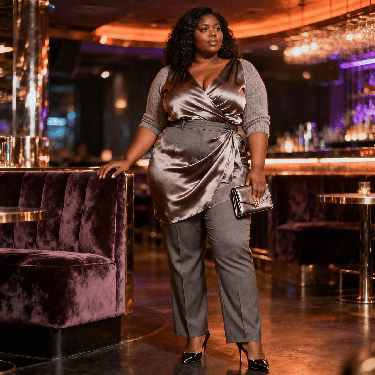 confident plus size woman in a stylish and flattering club outfit