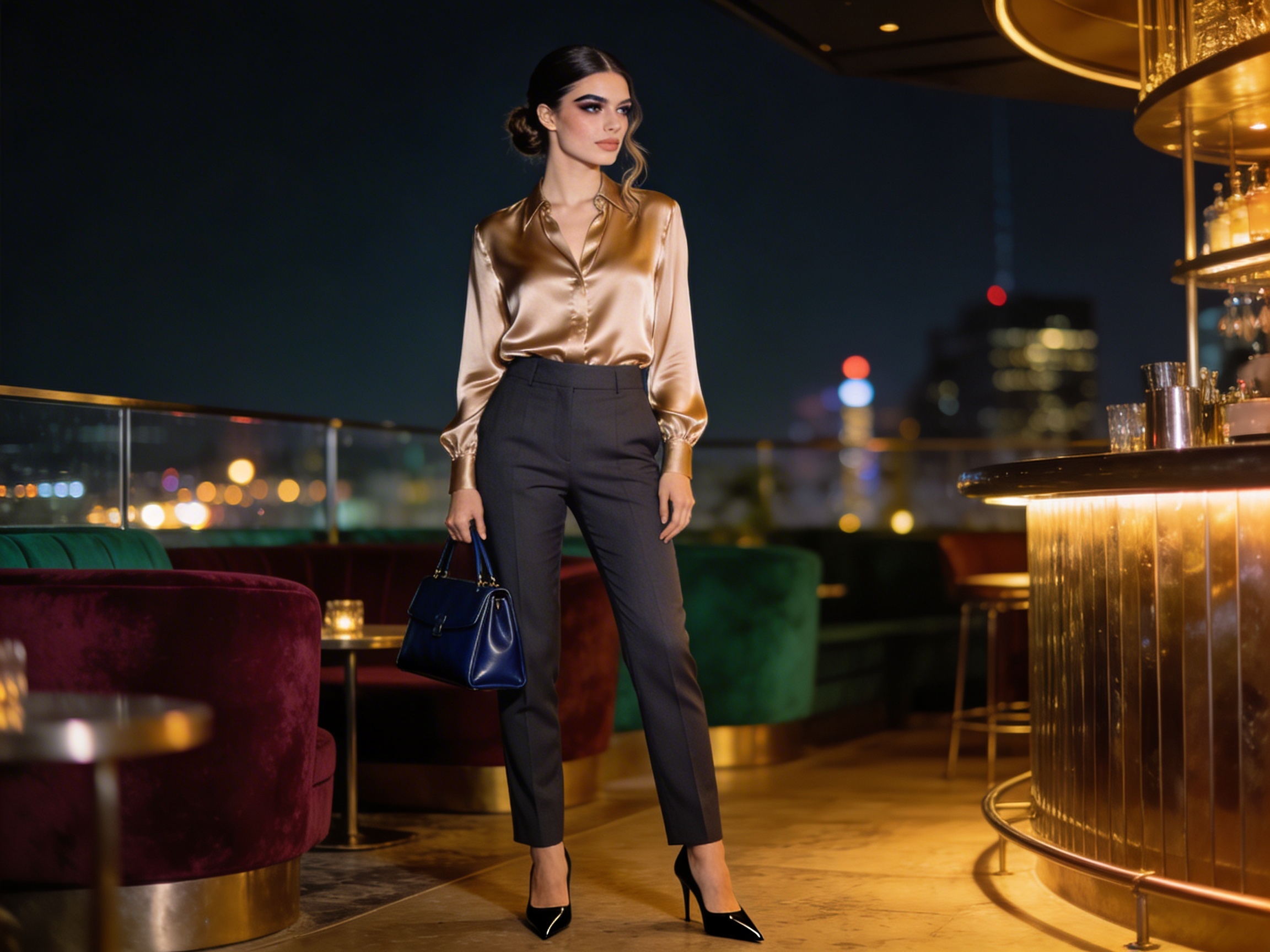 classy club outfit with tailored trousers satin blouse and elegant heels