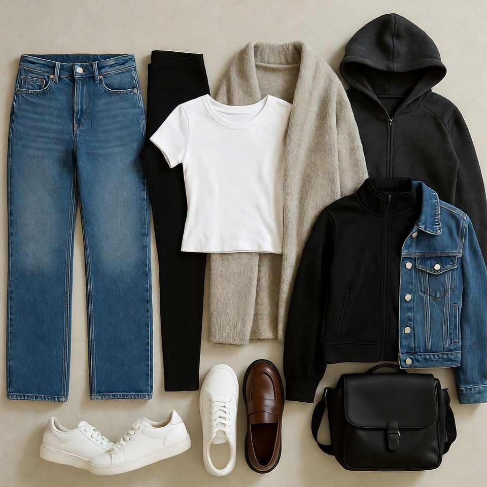 College wardrobe basics laid out with jeans, cardigan, hoodie, sneakers, loafers, and backpack
