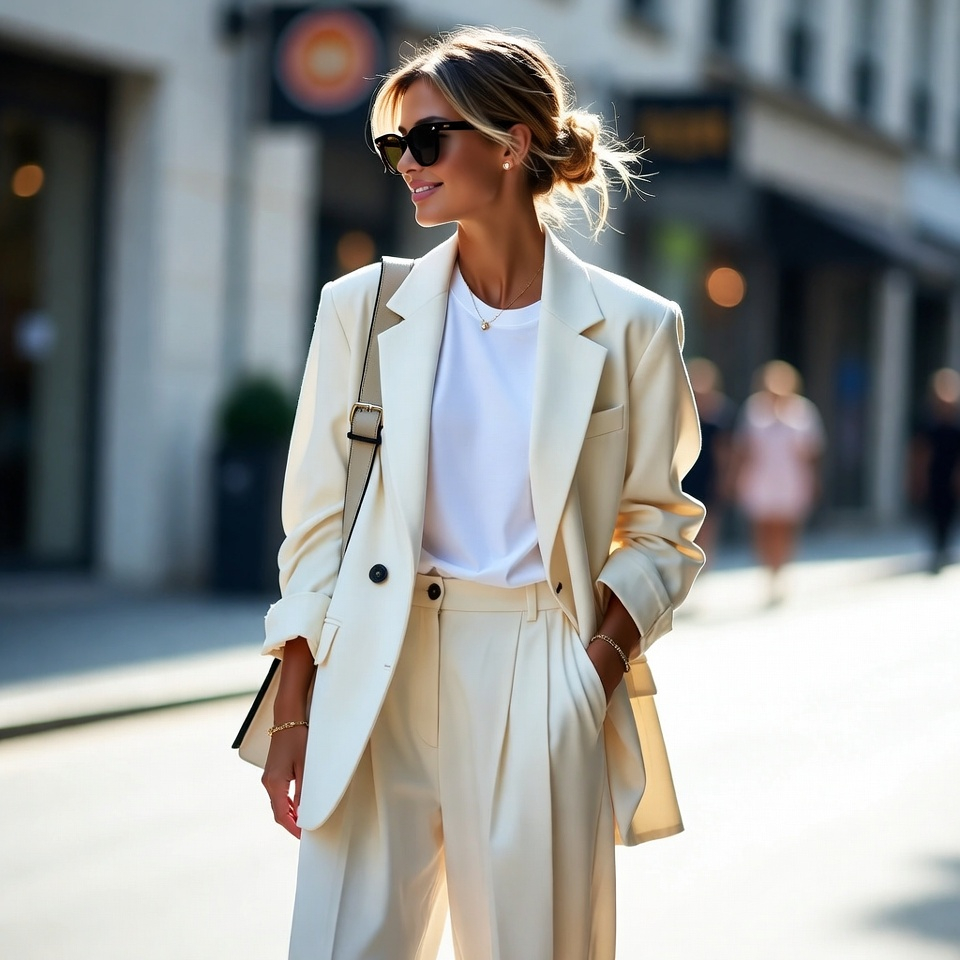 Woman wearing a cream oversized suit with sneakers and a simple T-shirt - image category: casual chic fashion