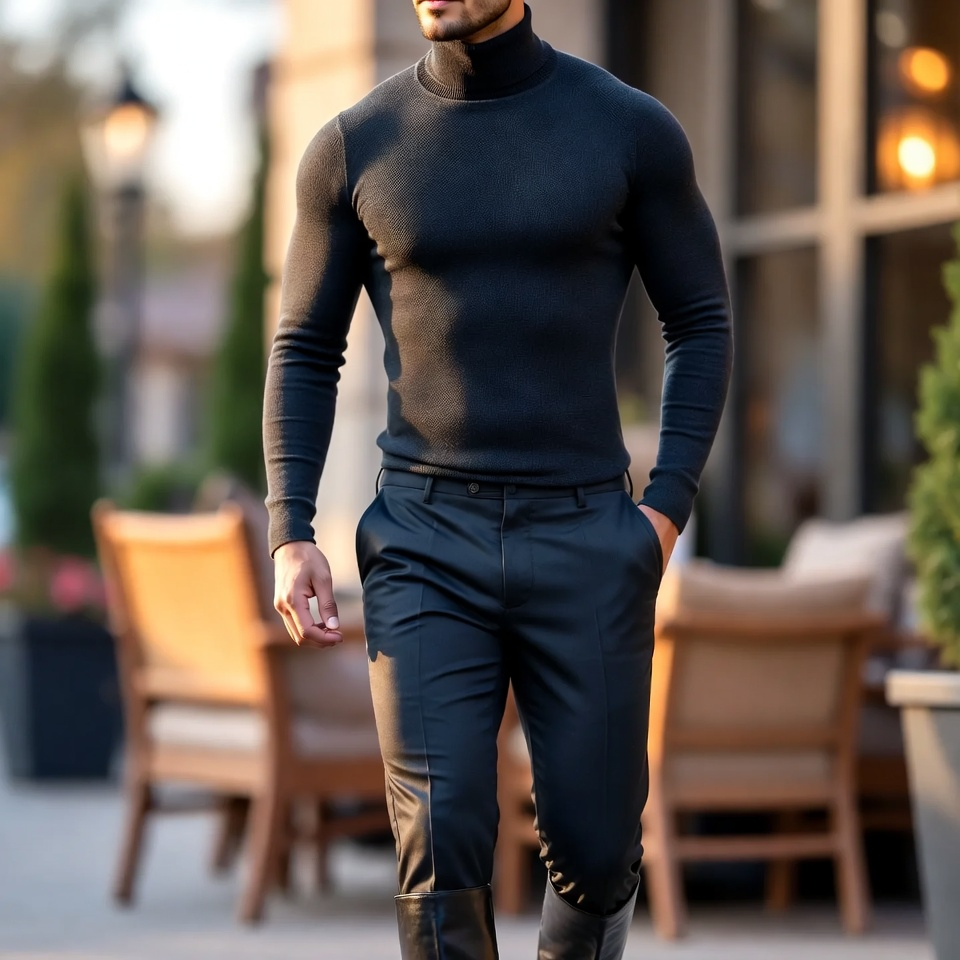 Man wearing a fitted turtleneck with tailored trousers and boots for a date night look