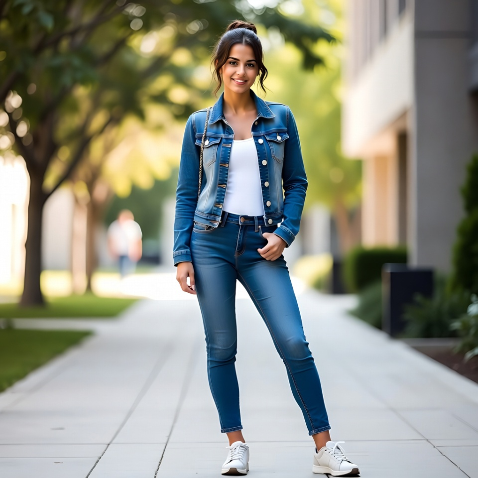 College student wearing a double denim outfit with fitted tank and casual sneakers